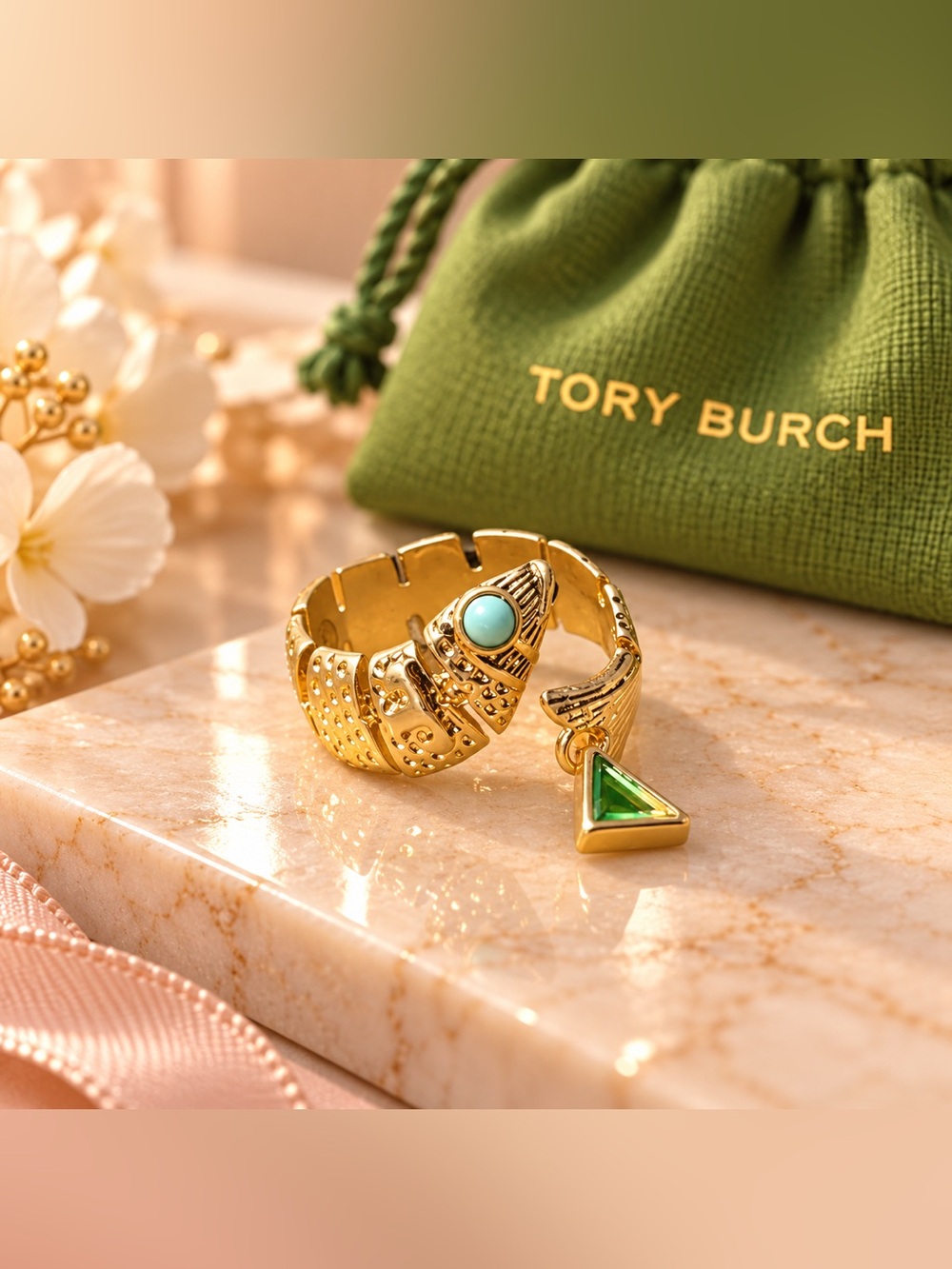 Tory Burch Gold Open Ring with Turquoise and Green Triangle Accents